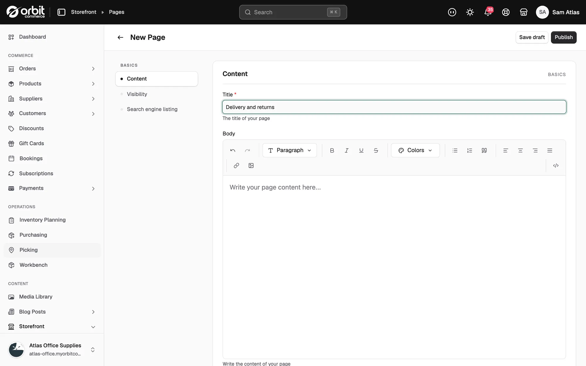The New Page form with a title entered and the body editor below it.