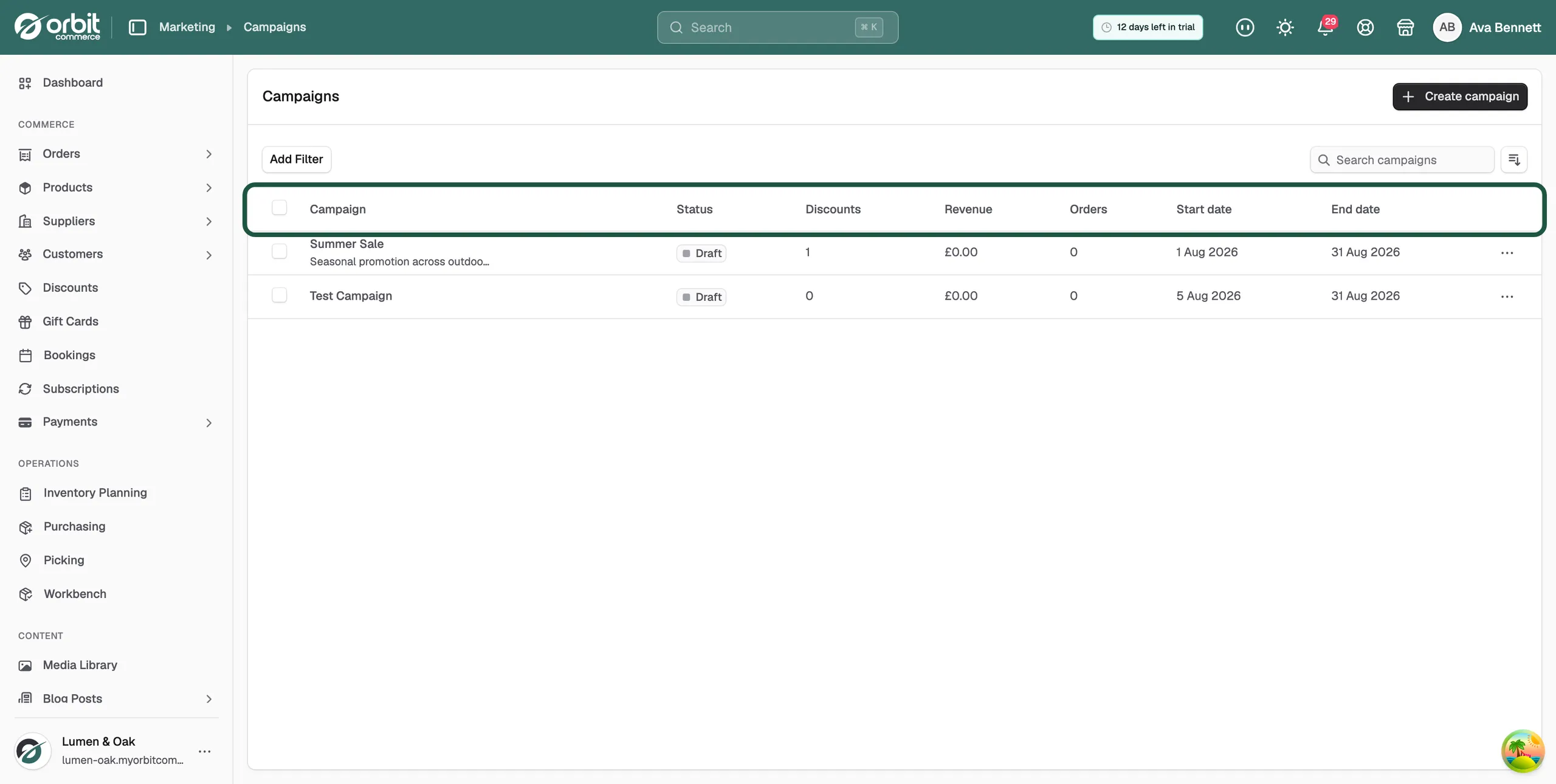 The Campaigns list with the search box, filter button and campaign columns