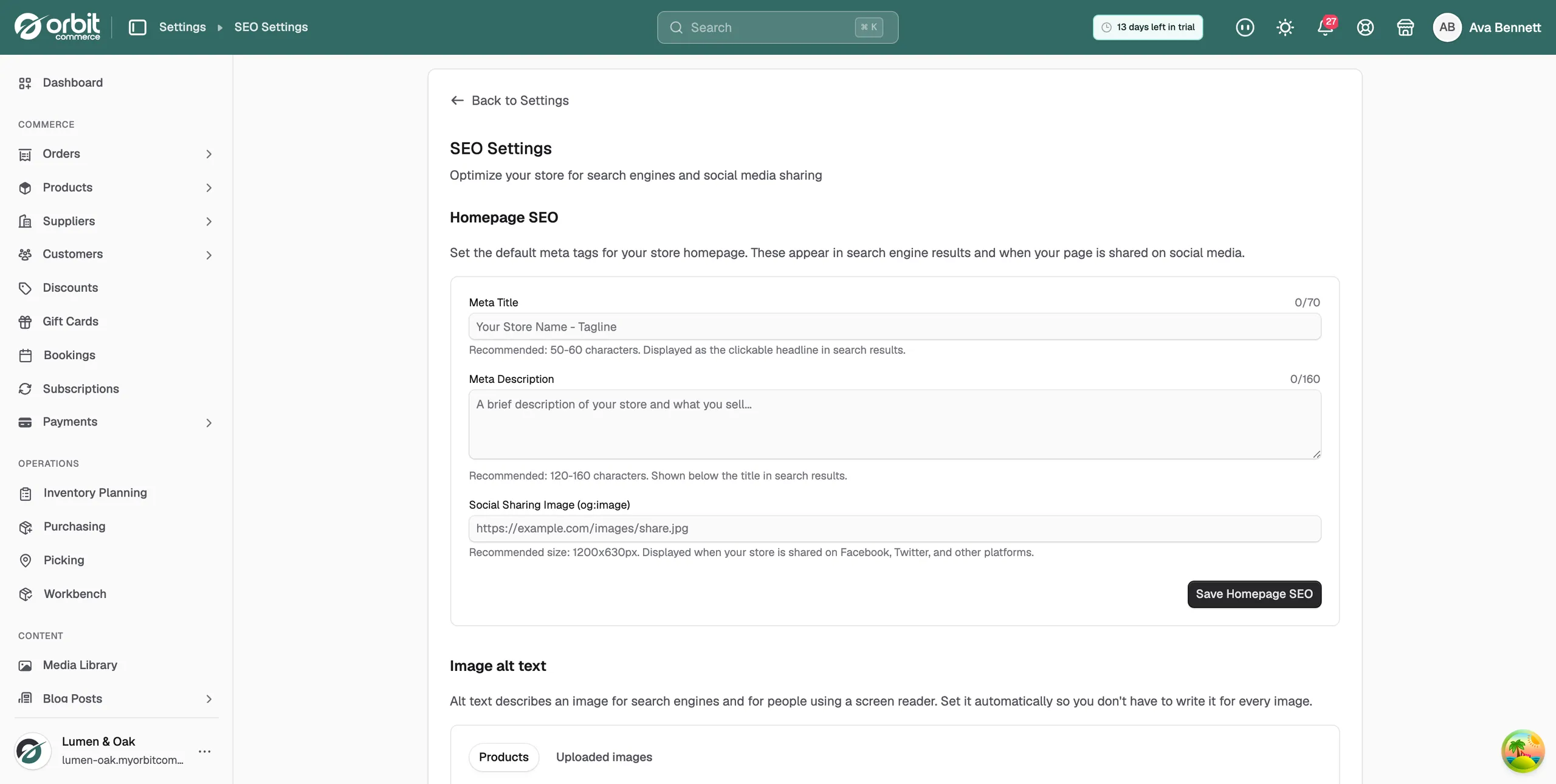 The SEO Settings page showing the Homepage SEO card with Meta Title, Meta Description and Social Sharing Image fields