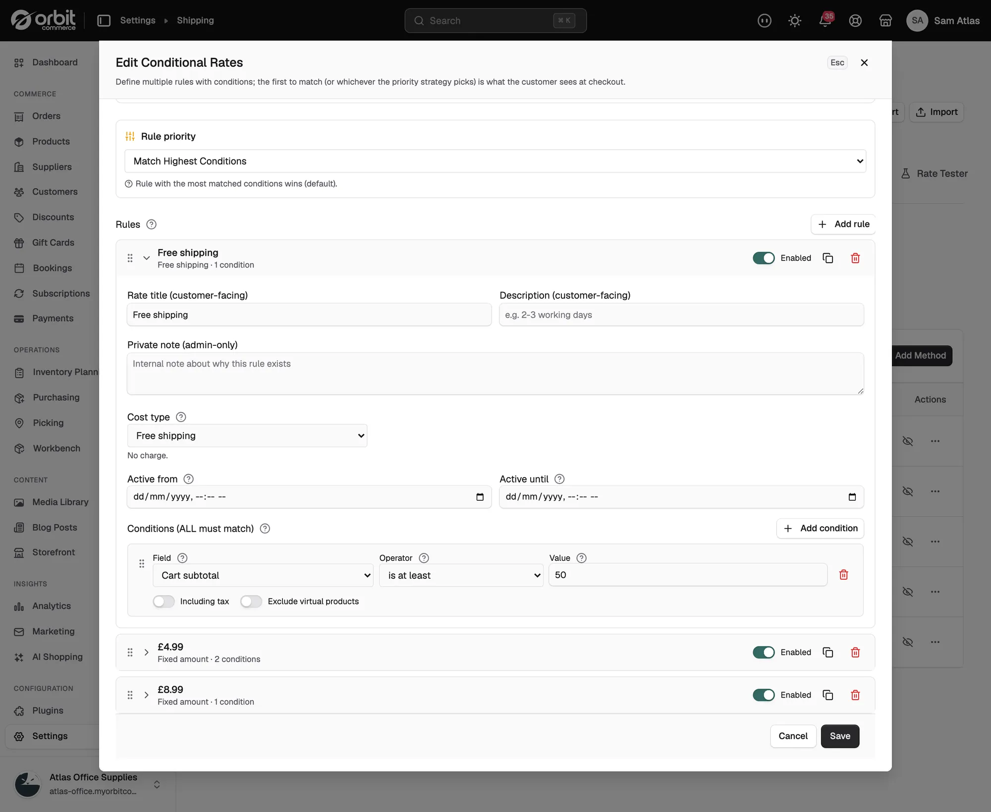 A rule opened to show its rate title, cost type and a cart subtotal condition set to at least 50.