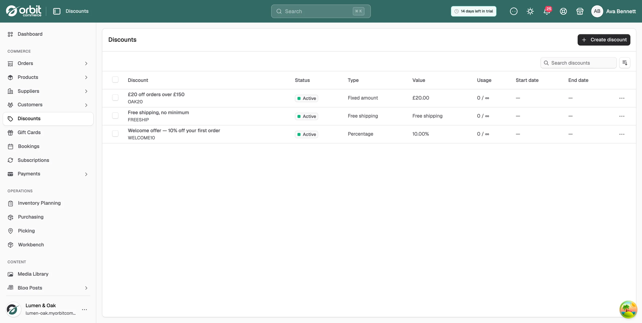 The Discounts page in the Orbit dashboard, listing three discount codes with their status, type, value and usage