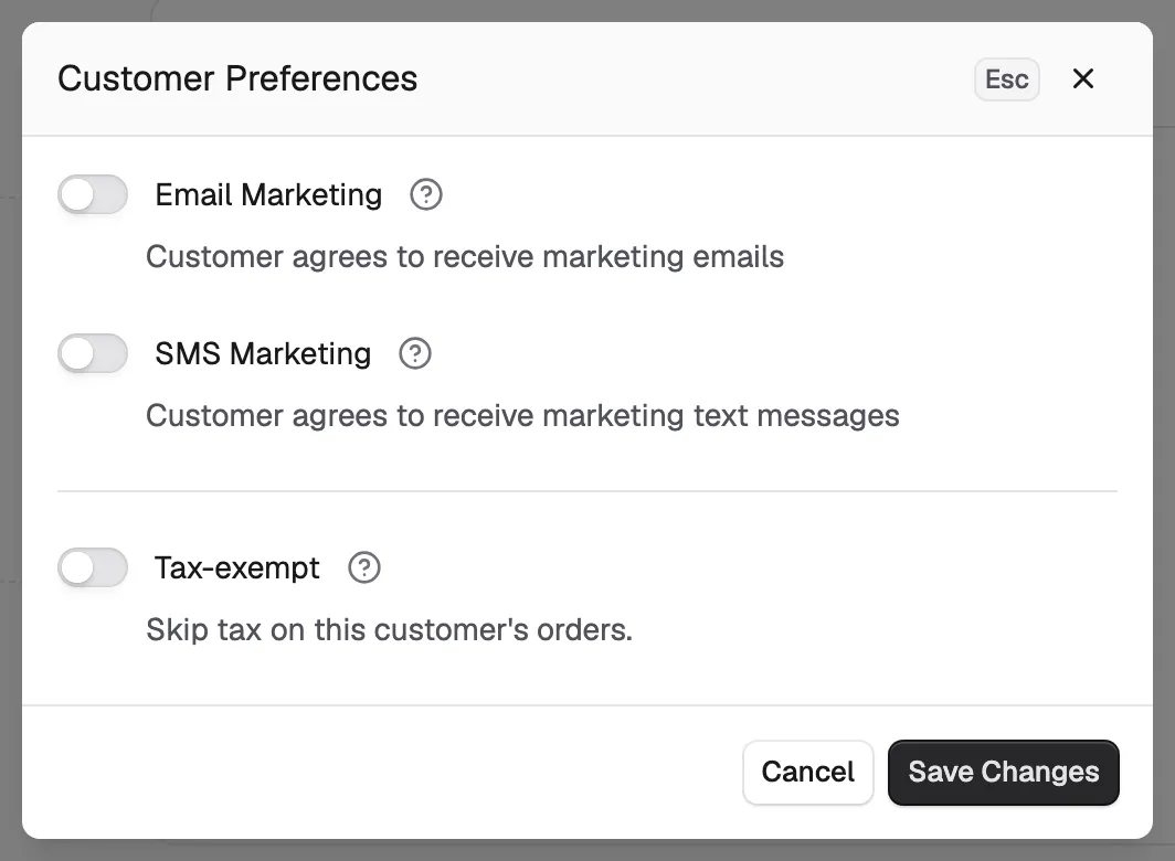 The Customer Preferences window with the email marketing, SMS marketing and tax-exempt switches.