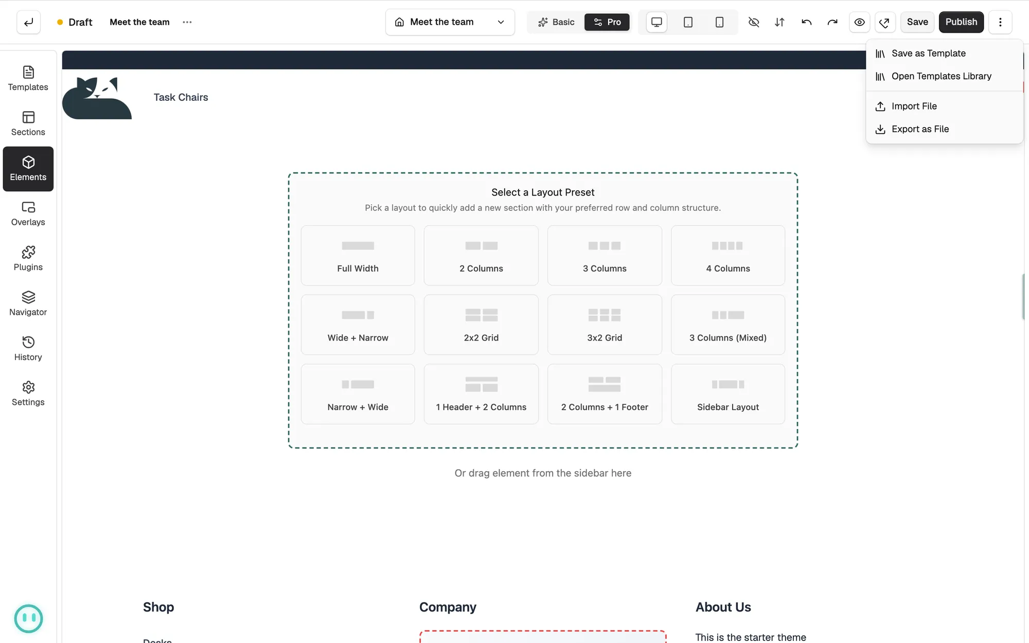The More actions menu open in the editor header, with Import File and Export as File.