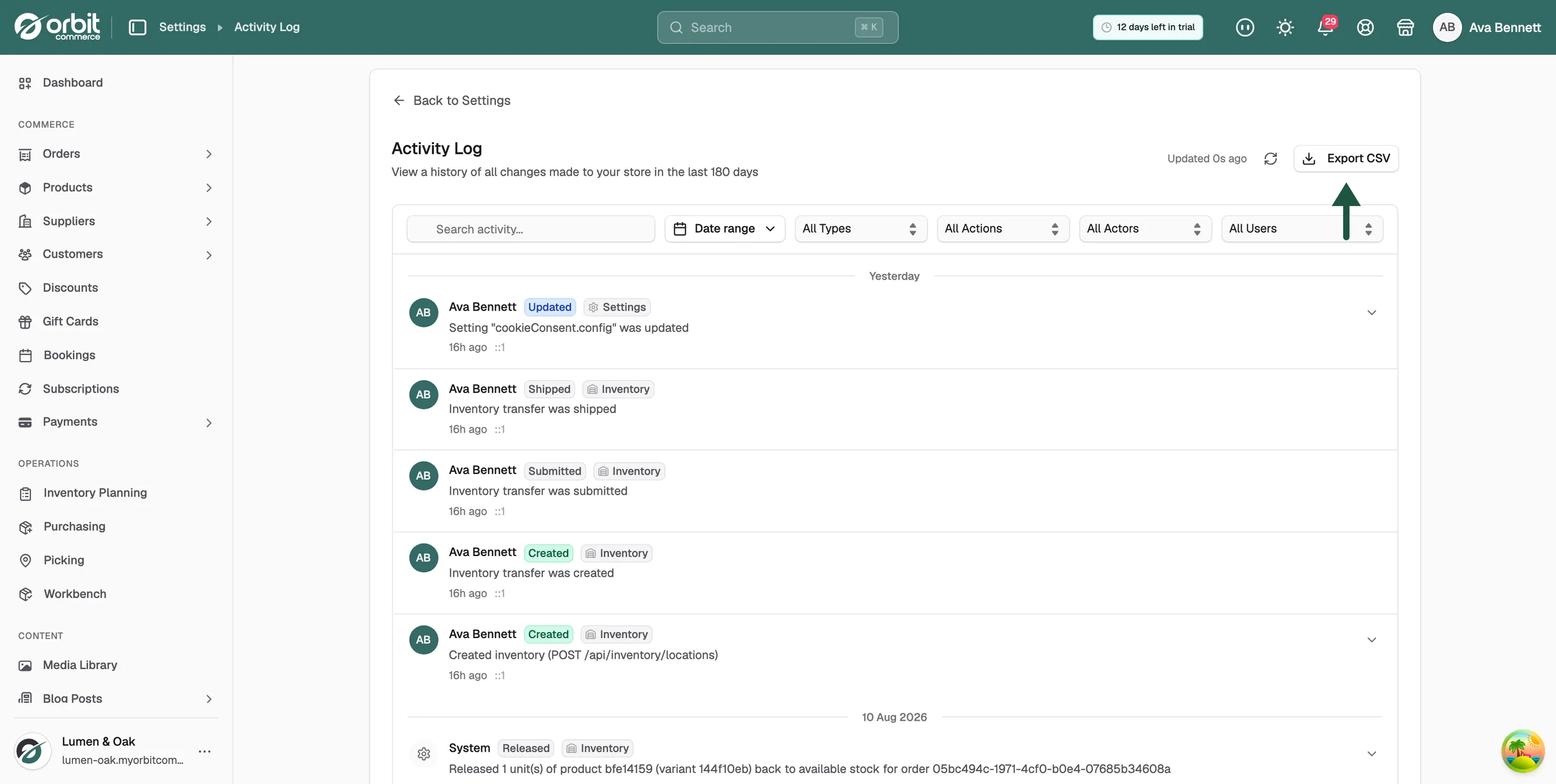 The Activity Log with an arrow pointing to the Export CSV button