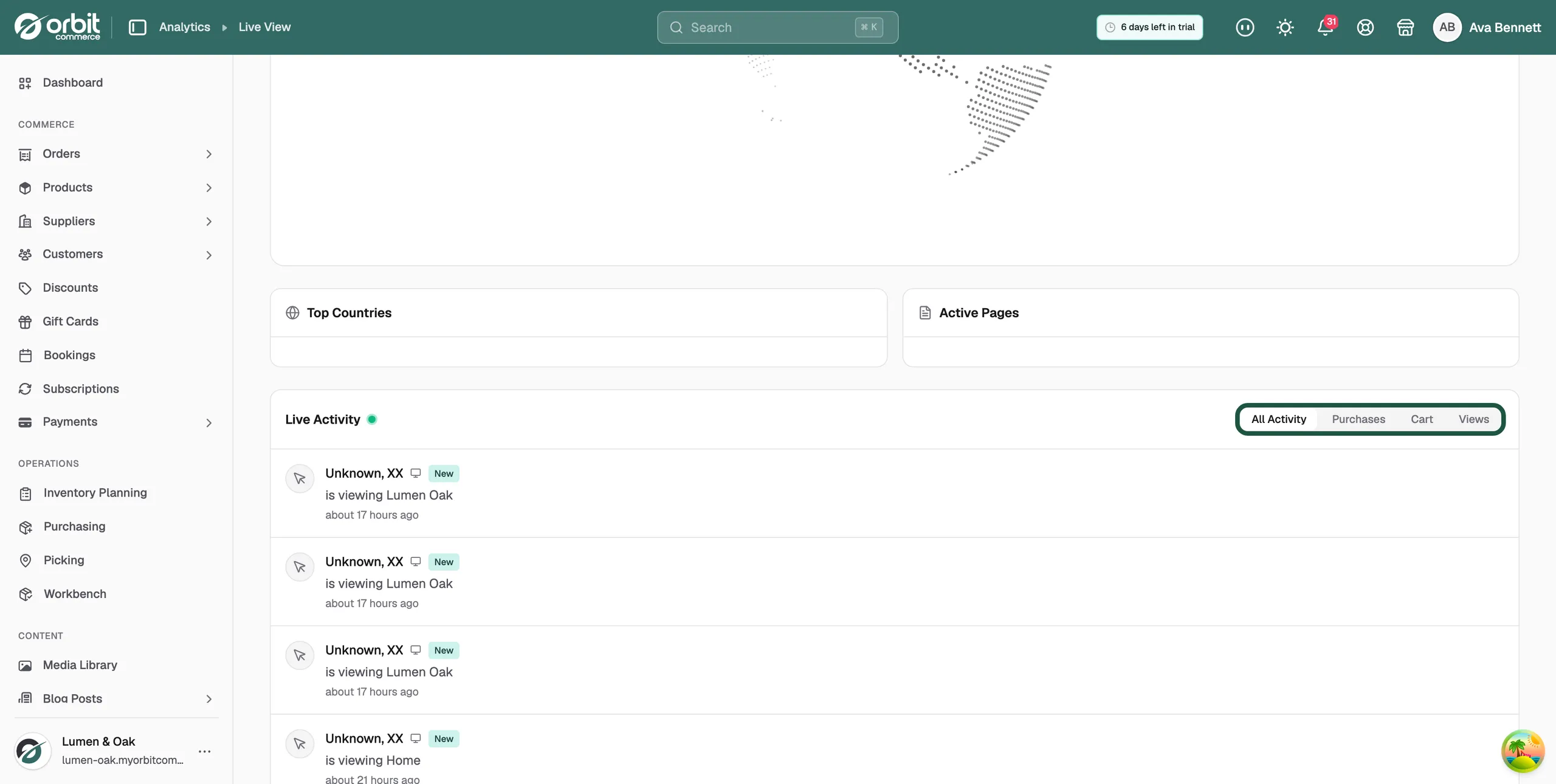 The Live Activity feed with the All Activity, Purchases, Cart and Views tabs above it
