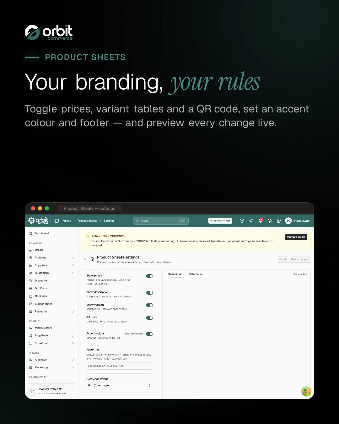 Spec sheet branding settings