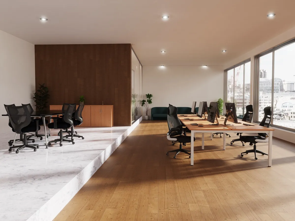 An open-plan office fitted out with bench desking and task seating