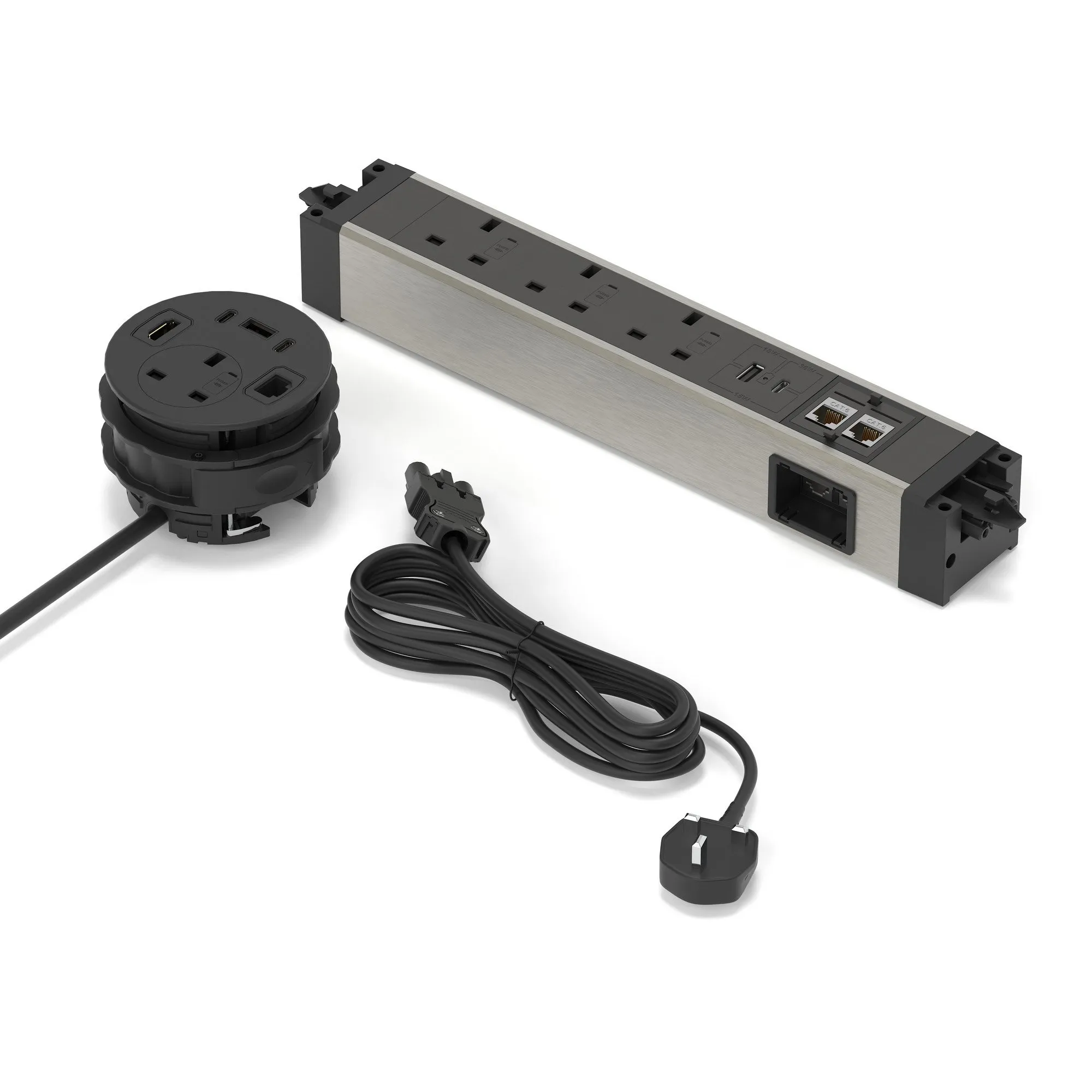 Volta Power Kit - Desktop Cable Port Module + Under Desk Module + Mains Cable UK Plug - Total 4xSocket/ 2xUSBa/ 3xUSBc/ 1xHDMI/ 3xCAT6