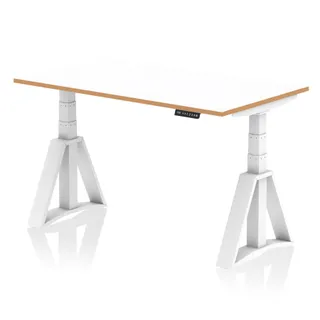 Oslo Air Height Adjustable Desk White Top Natural Wood Edge White Frame
